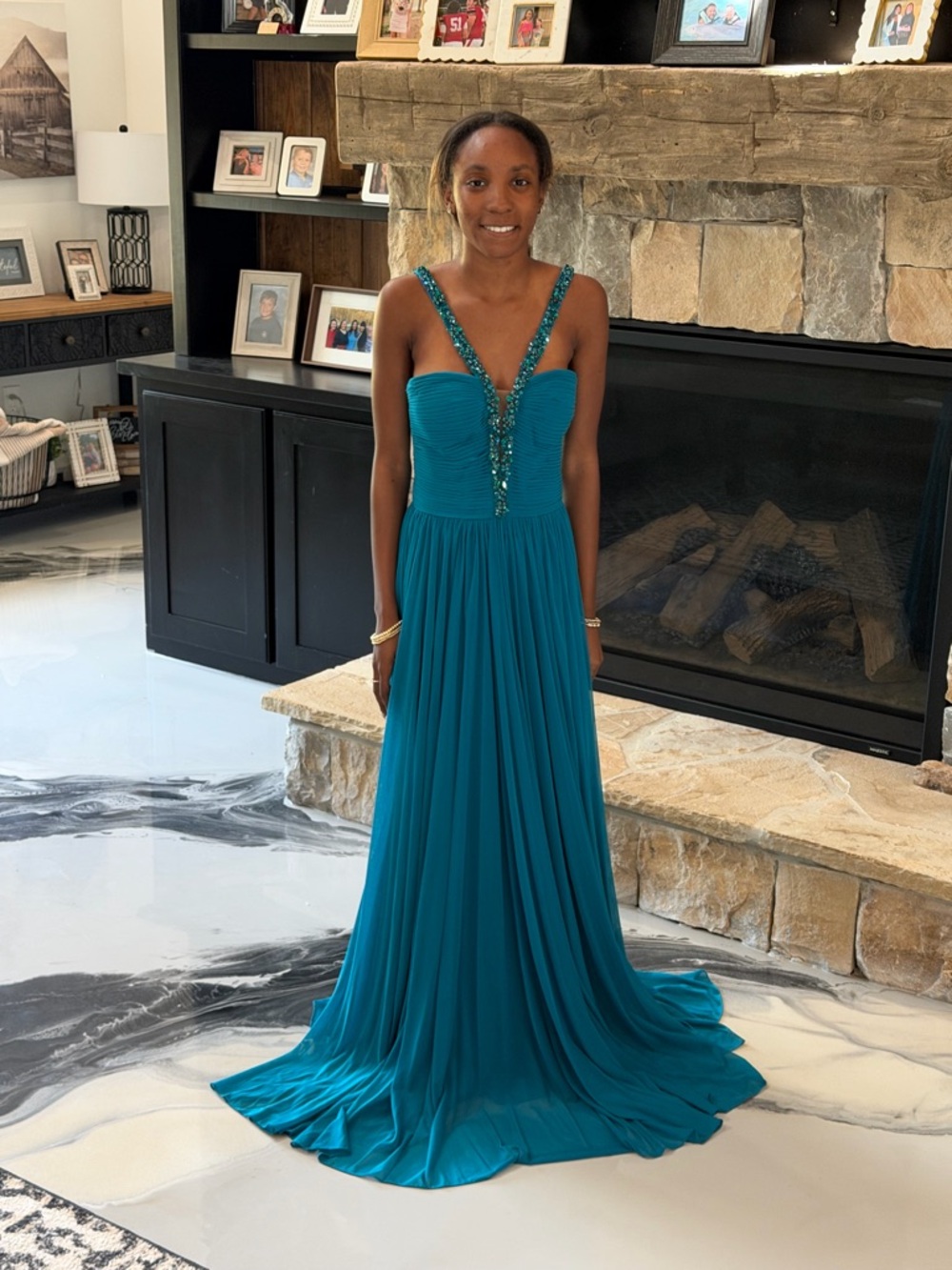 Sherri Hill Teal Beaded V-Strap Prom Dress
